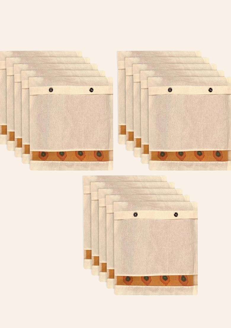Cream 15 Pieces Cotton Mesh Window Packing Saree Cover Button Organisers - Indya