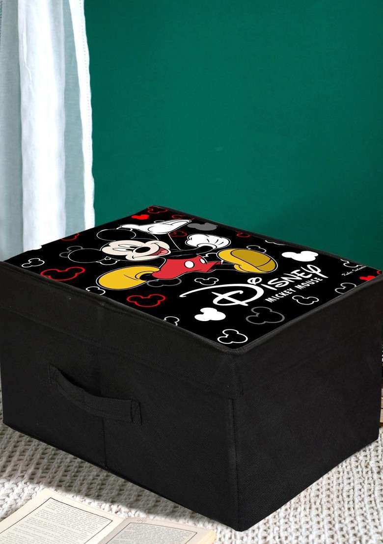 Black Disney Mickey Mouse Printed Foldable Saree Cover Storage Box With Lid - Indya