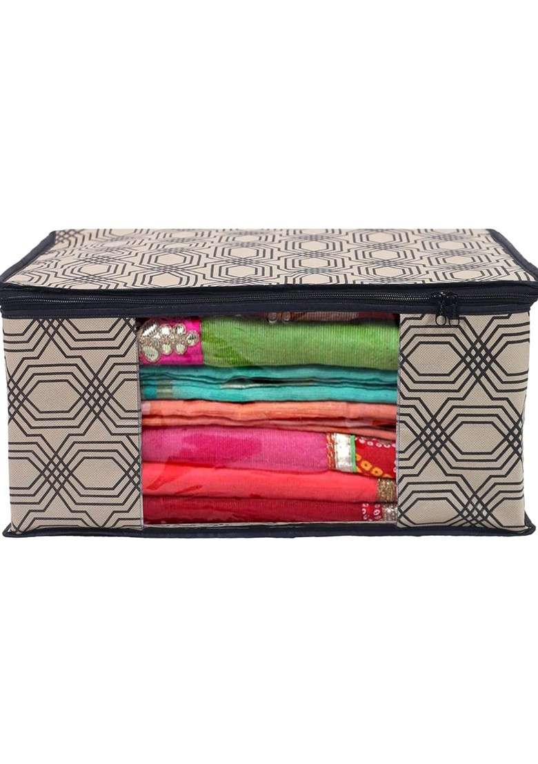 Set Of 4 Cream And Black Printed Saree Organiser Cover - Indya
