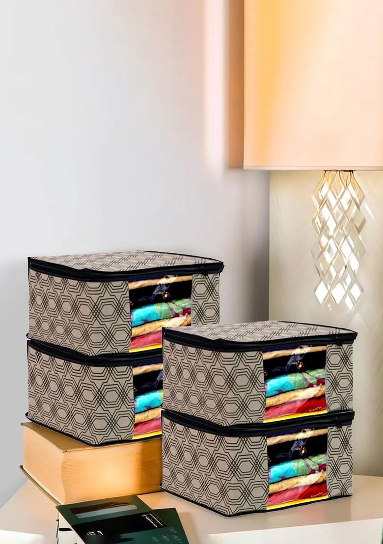 Set Of 4 Cream And Black Printed Saree Organiser Cover