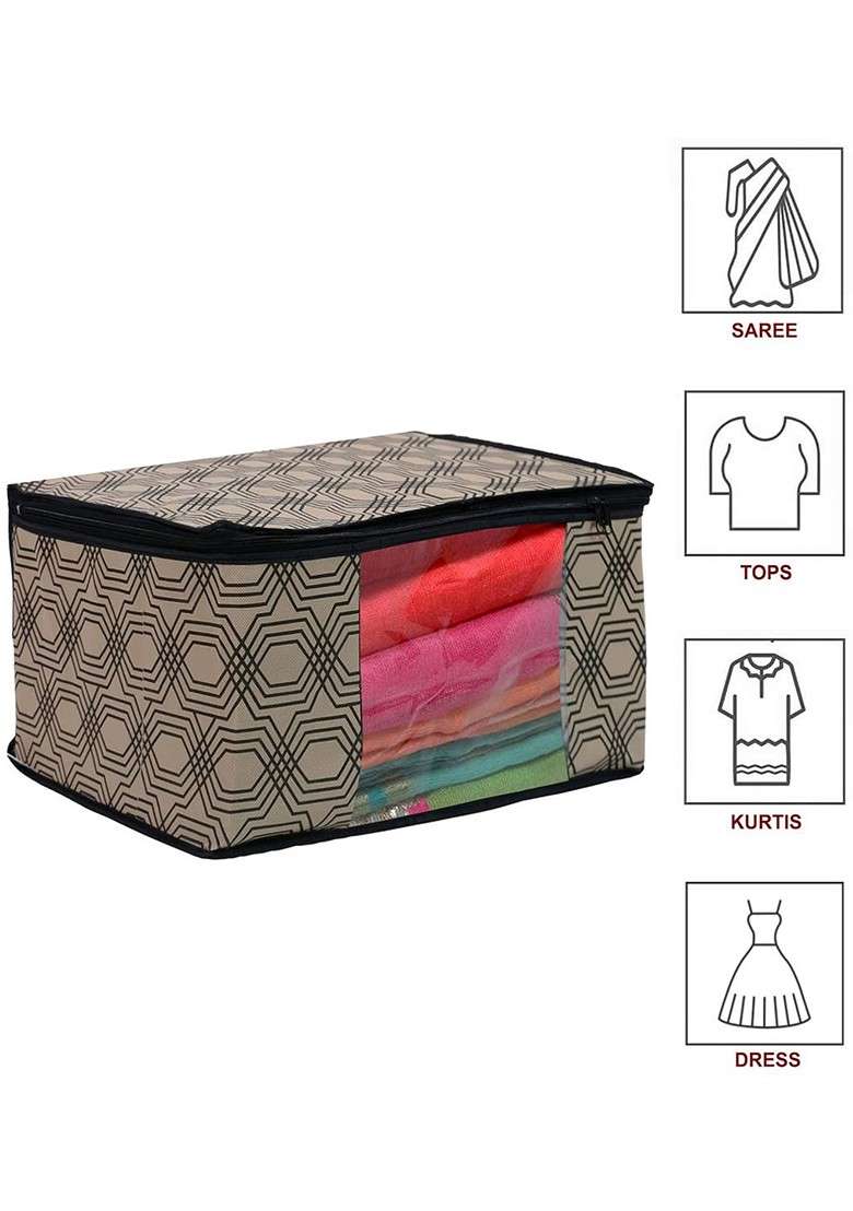 Set Of 4 Cream And Black Printed Saree Organiser Cover - Indya