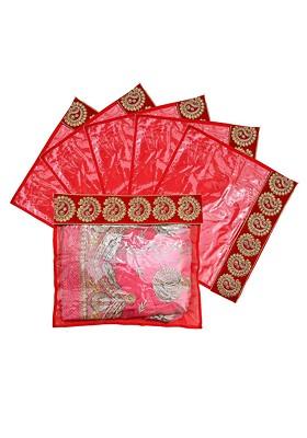 Set Of 6 Red And Transparent Zari Border Flip Single Packing Saree Cover Organizers