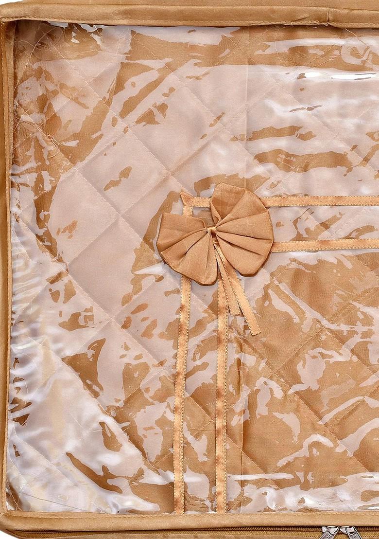 Set Of 6 Gold Coloured And Transparent Solid Satin Single Packing Saree Cover Organizers