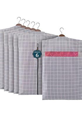 Grey 6 Pcs Mesh Cotton Hanging Saree Cover Storage Organisers