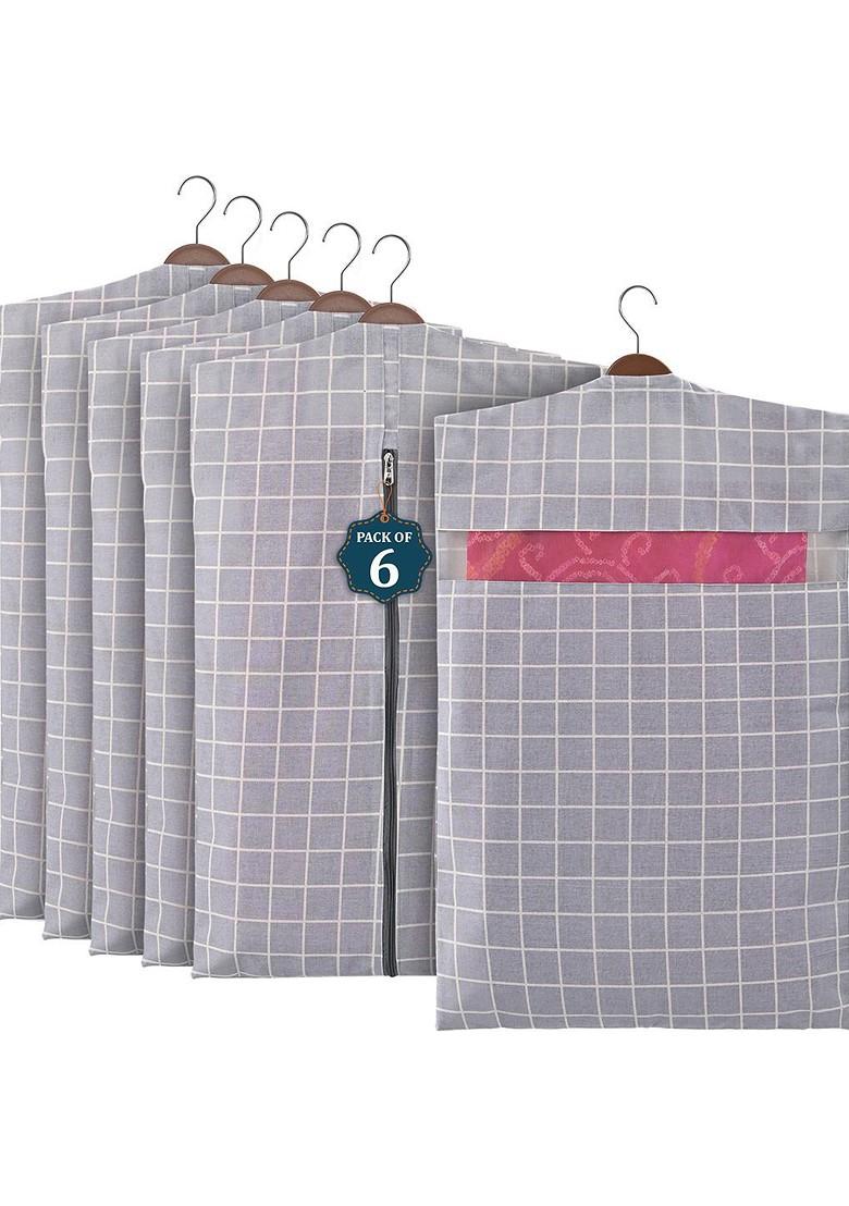 Grey 6 Pcs Mesh Cotton Hanging Saree Cover Storage Organisers