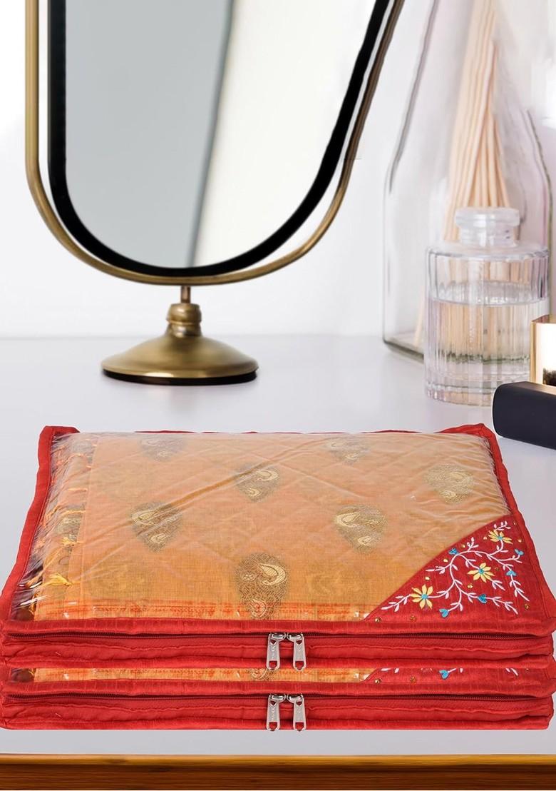 Red And White 6 Pieces Self Design Satin Saree Cover Organisers