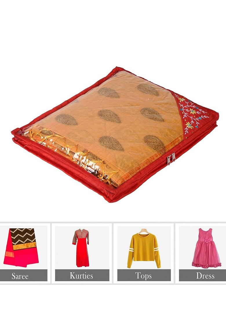 Red And White 6 Pieces Self Design Satin Saree Cover Organisers