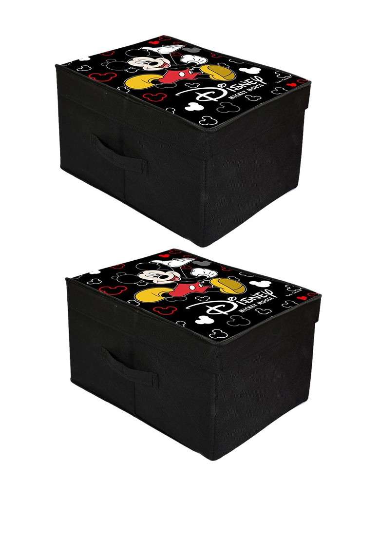Set Of 2 Black Disney Mickey Mouse Printed Foldable Saree Cover Storage Boxes With Lids - Indya