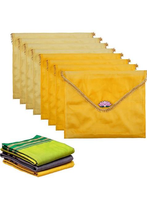 Yellow And Gold Toned 8 Pieces Printed Organza Saree Covers With Closure