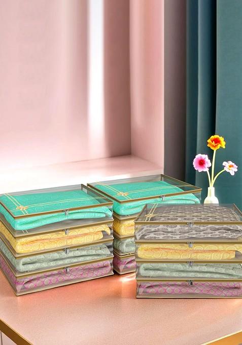 Gold Toned And Transparent 12 Pieces Bow Printed Saree Cover With Zip