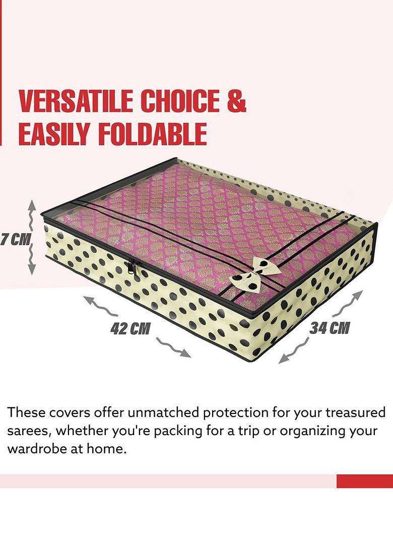 Set Of 9 Cream Coloured Polka Dots Bow Printed Saree Cover With Zip