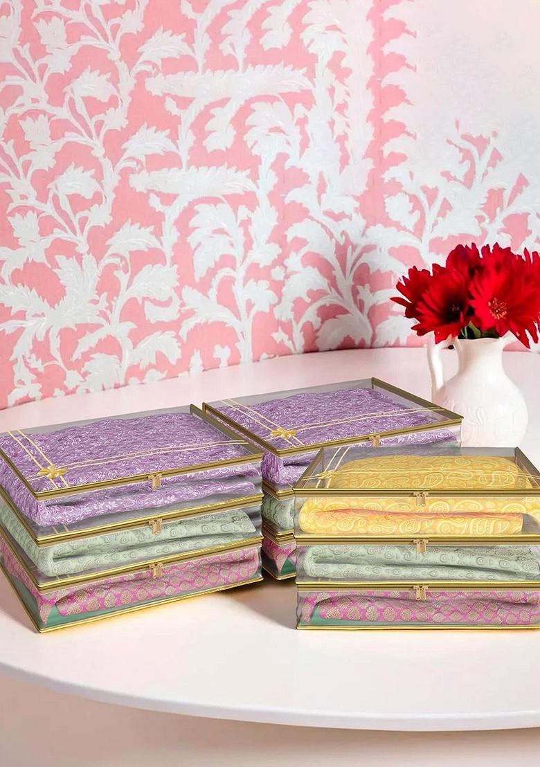 Gold Toned And Transparent 9 Pieces Bow Printed Saree Cover With Zip