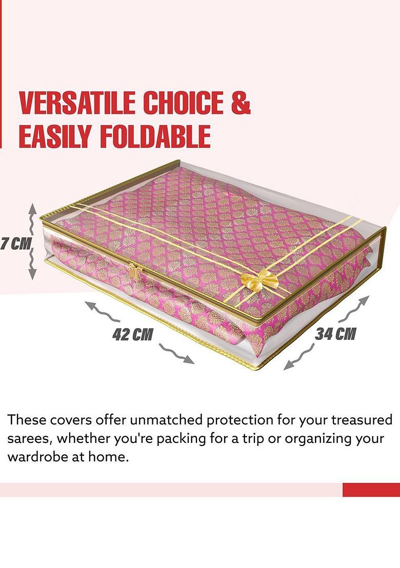 Gold Toned And Transparent 9 Pieces Bow Printed Saree Cover With Zip