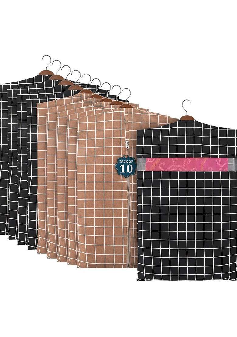 Brown Set Of 10 Printed Hanging Saree Cover Multi Utility Organisers - Indya