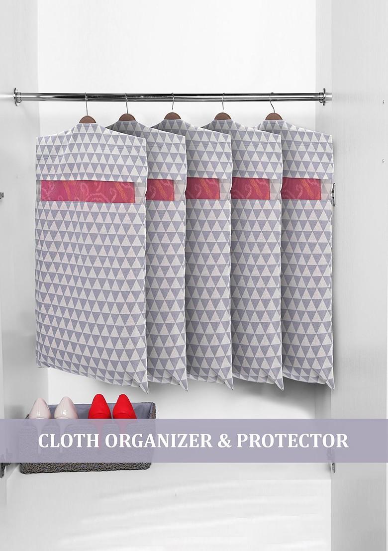 Grey And Green 10 Pcs Mesh Cotton Hanging Saree Cover Storage Organisers