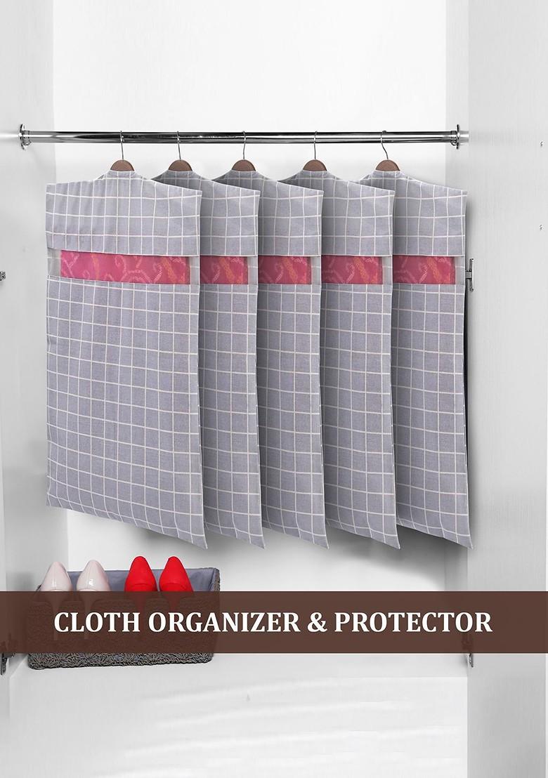 Grey 8 Pieces Cotton Regular Hanging Saree Cover Multi Utility Organisers