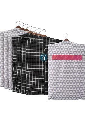 Black 8 Pieces Regular Cotton Hanging Saree Cover Multiutility Organisers