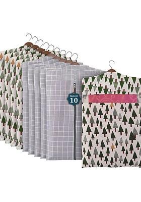 Grey And Green 10 Pcs Mesh Cotton Hanging Saree Cover Storage Organisers