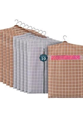 Grey And Brown 10 Pcs Mesh Cotton Hanging Saree Cover Storage Organisers