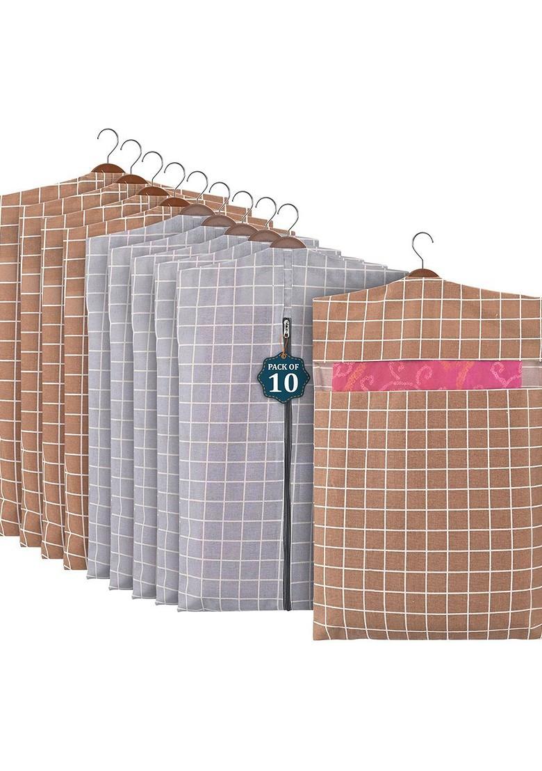 Grey And Brown 10 Pcs Mesh Cotton Hanging Saree Cover Storage Organisers