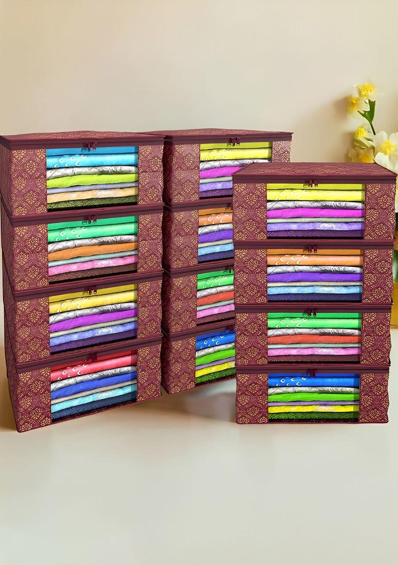 Maroon And Gold Toned 12 Pieces Saree Cover Clothes Storage Bag Organisers