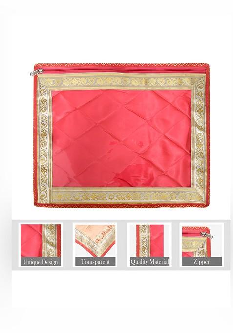 Pink And Gold Toned 3 Pcs Lace Saree Cover Cloth Stoarge Organisers