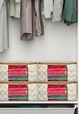 Set Of 12 Beige And Cream Checked Non Woven Saree Cover Organizers