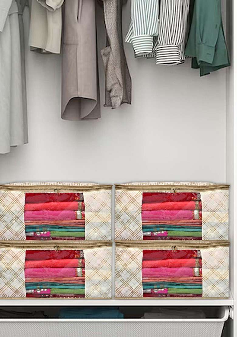 Set Of 12 Beige And Cream Checked Non Woven Saree Cover Organizers - Indya
