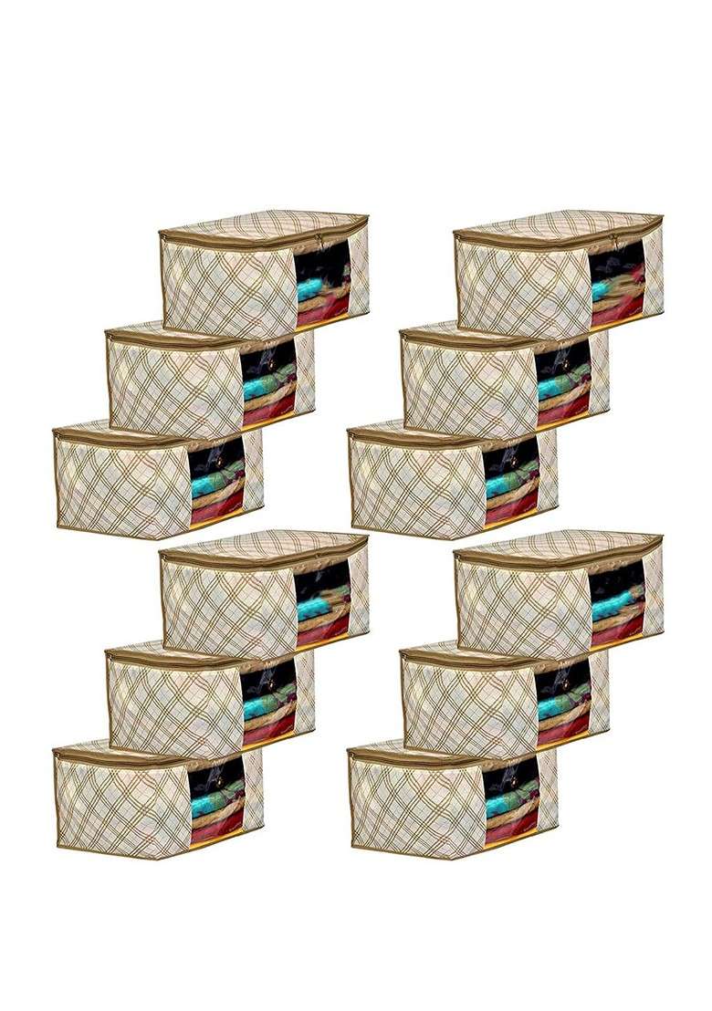 Set Of 12 Beige And Cream Checked Non Woven Saree Cover Organizers - Indya