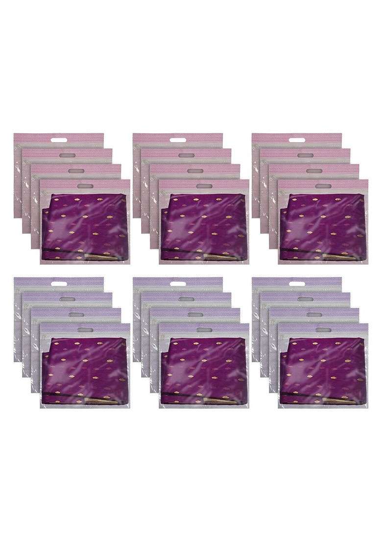 Set Of 24 Purple And Pink Printed With Transparent Window Saree Cover - Indya