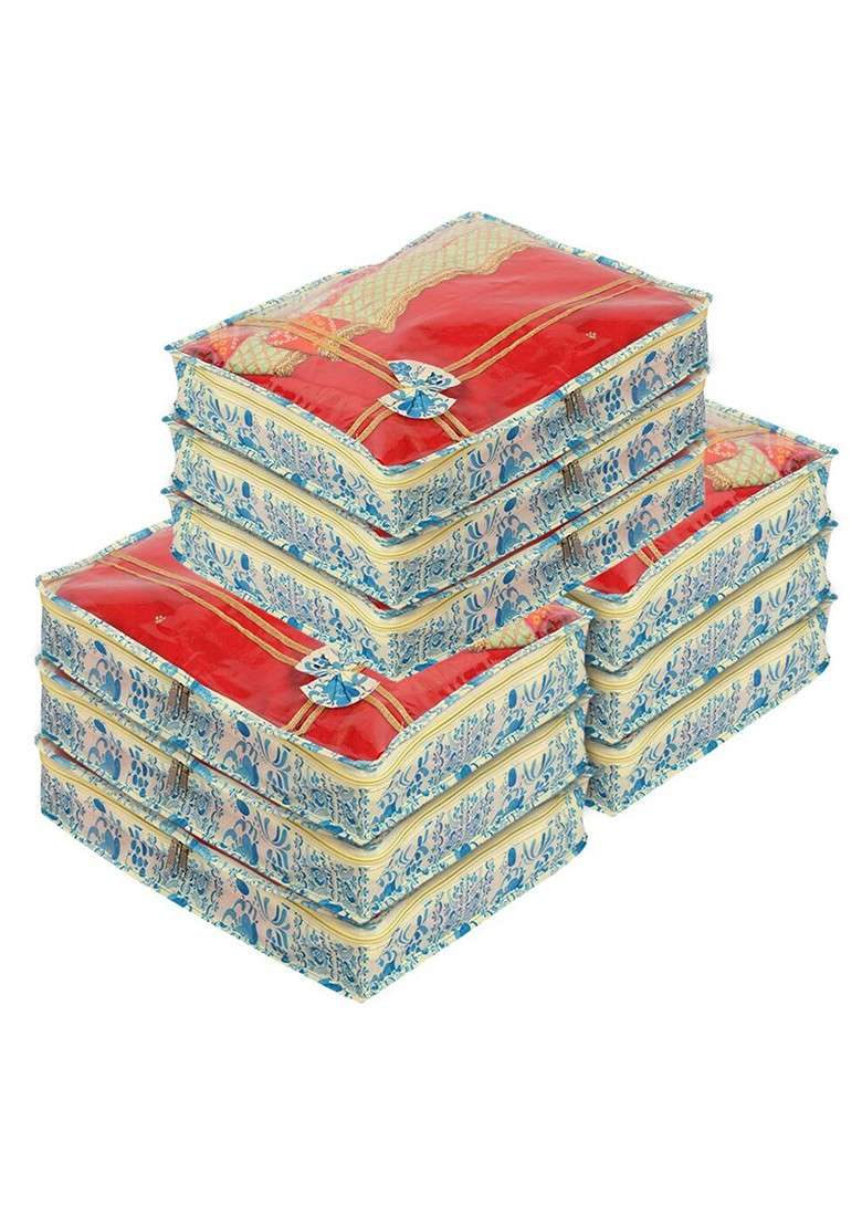 Set Of 9 Blue Printed Non Woven Single Saree Cover With Tranasparent Top - Indya