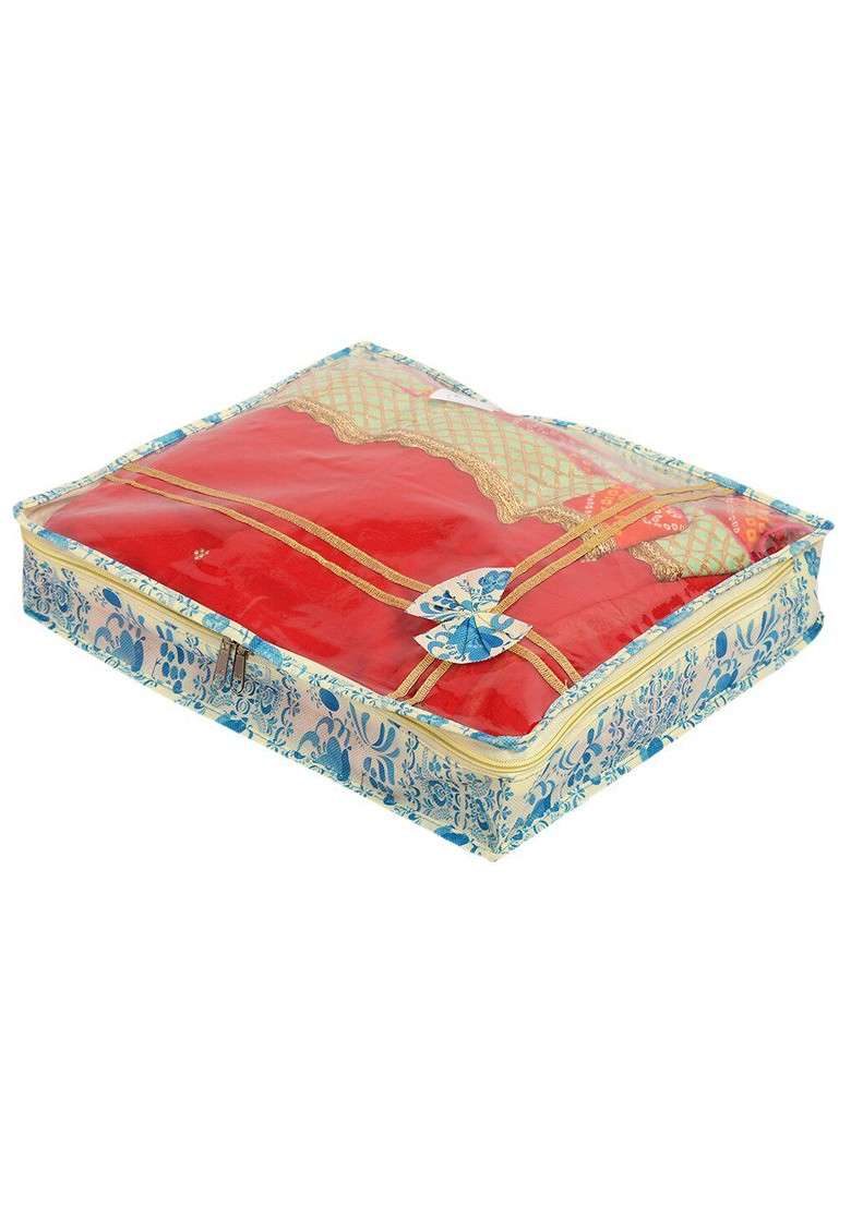 Set Of 9 Blue Printed Non Woven Single Saree Cover With Tranasparent Top - Indya