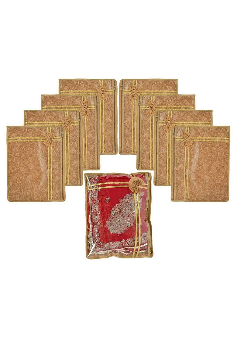 Set Of 9 Brown Printed Non Woven Single Saree Cover With Tranasparent Top - Indya