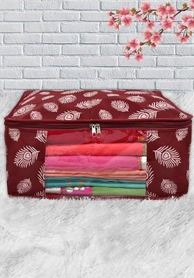 Pack Of 4 Maroon Printed Saree Cover With Transparent Window; Pack Of 4