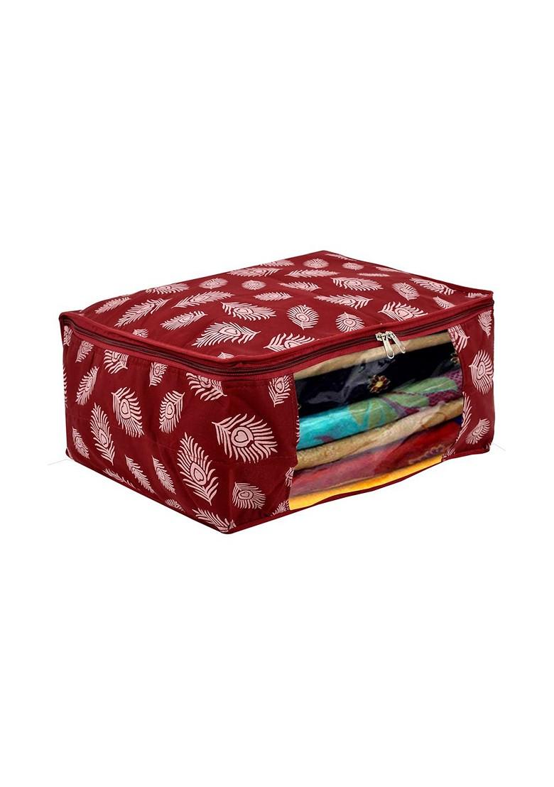 Pack Of 4 Maroon Printed Saree Cover With Transparent Window; Pack Of 4