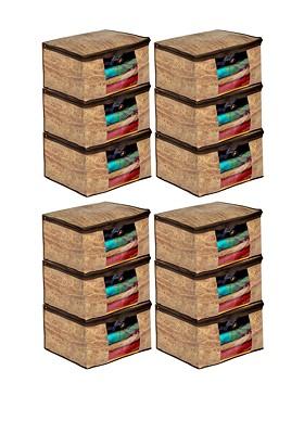 Set Of 12 Brown Wooden Printed Non Woven Saree Cover Organizers