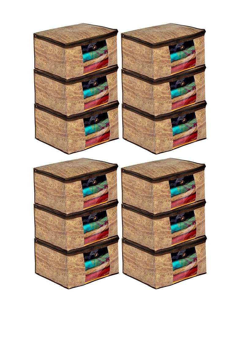 Set Of 12 Brown Wooden Printed Non Woven Saree Cover Organizers - Indya
