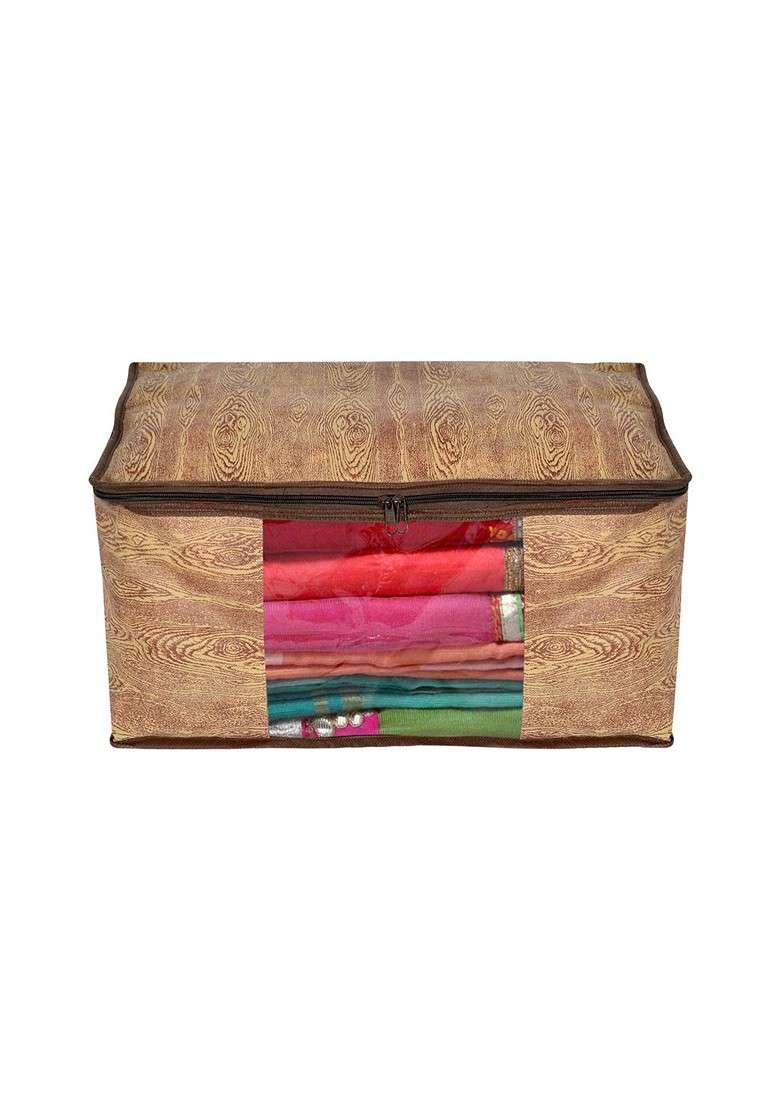 Set Of 12 Brown Wooden Printed Non Woven Saree Cover Organizers - Indya