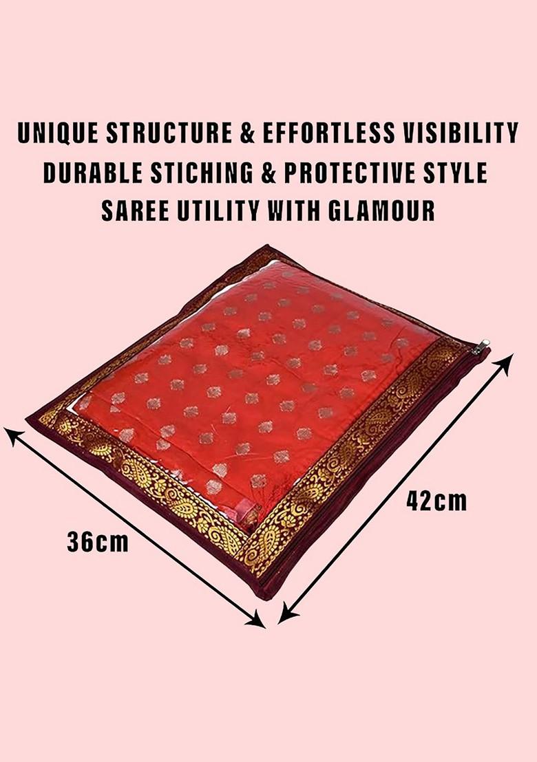 Set Of 12 Maroon And Transparent Embellished Single Packing Saree Cover Organizers