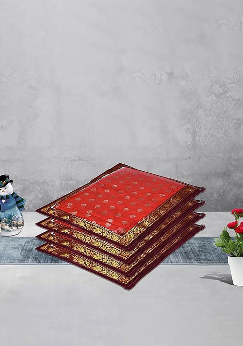 Set Of 12 Maroon And Transparent Embellished Single Packing Saree Cover Organizers