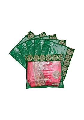 Set Of 6 Green And Transparent Zari Border Flip Single Packing Saree Cover Organizers