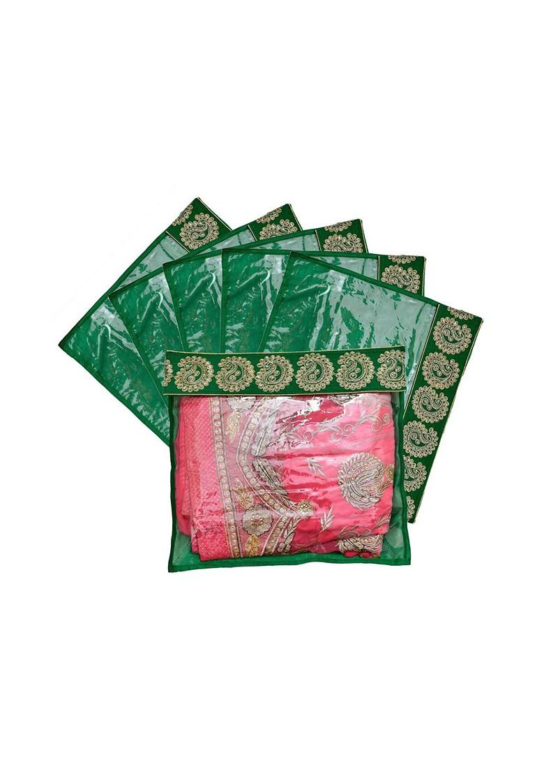 Set Of 6 Green And Transparent Zari Border Flip Single Packing Saree Cover Organizers