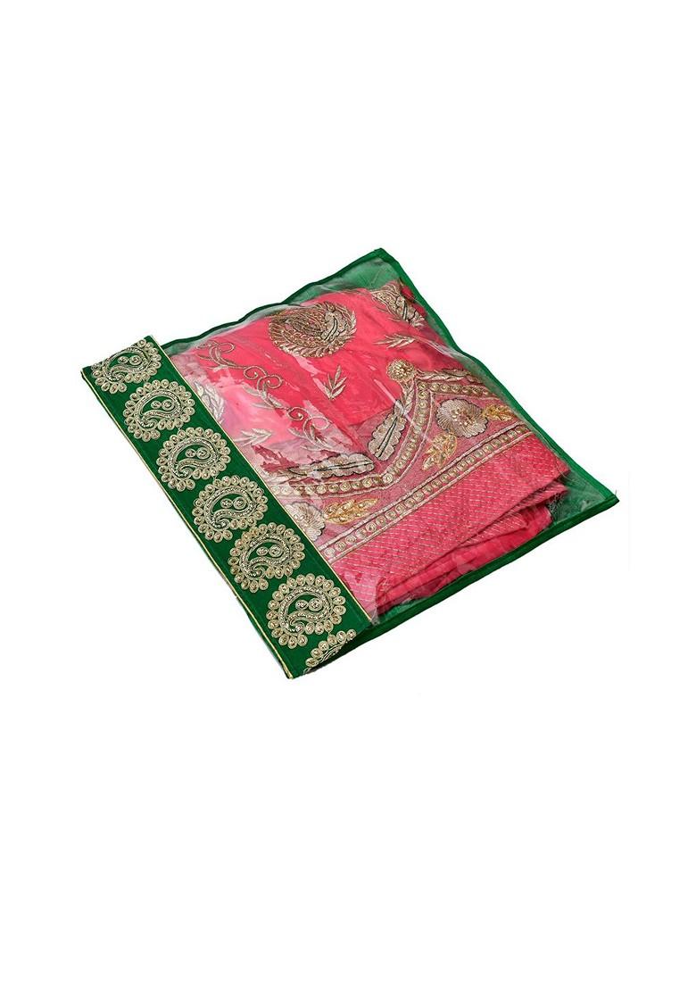 Set Of 6 Green And Transparent Zari Border Flip Single Packing Saree Cover Organizers
