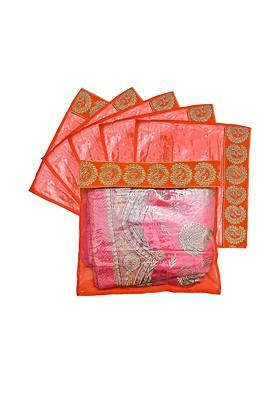 Set Of 6 Orange And Transparent Zari Border Flip Single Packing Saree Cover Organizers