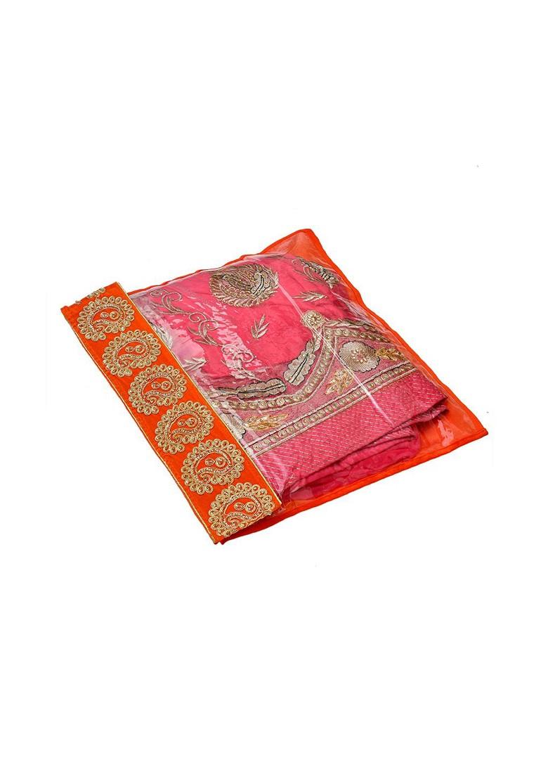 Set Of 6 Orange And Transparent Zari Border Flip Single Packing Saree Cover Organizers