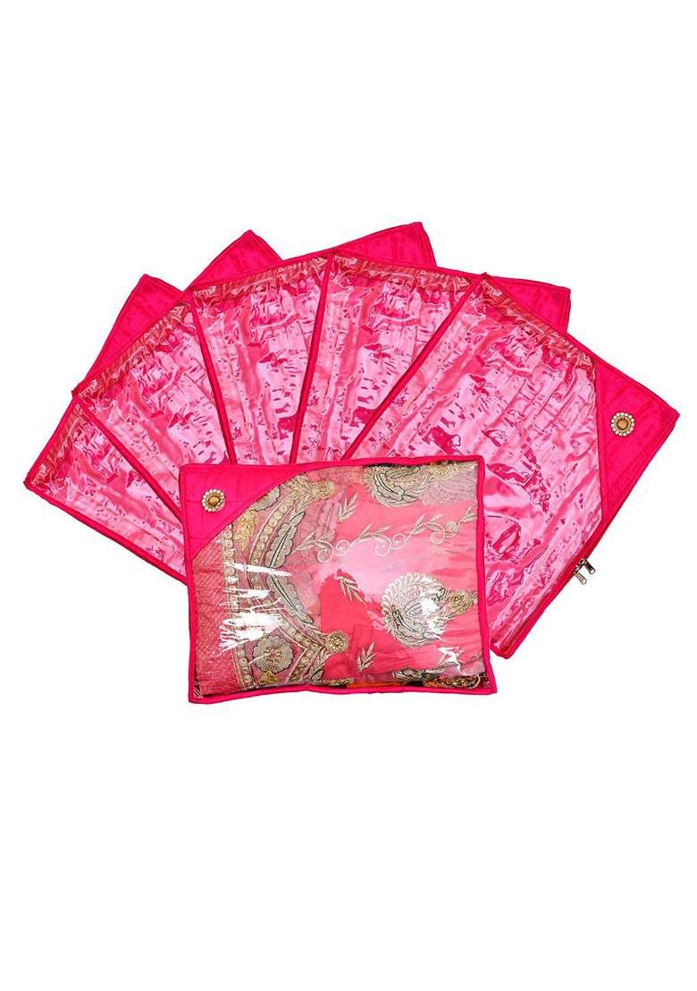 Set Of 6 Pink And Transparent Solid Silk Single Packing Saree Cover Organizers - Indya