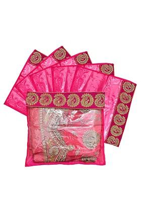 Set Of 6 Pink And Transparent Embellished Zari Border Flip Single Packing Saree Cover Organizers