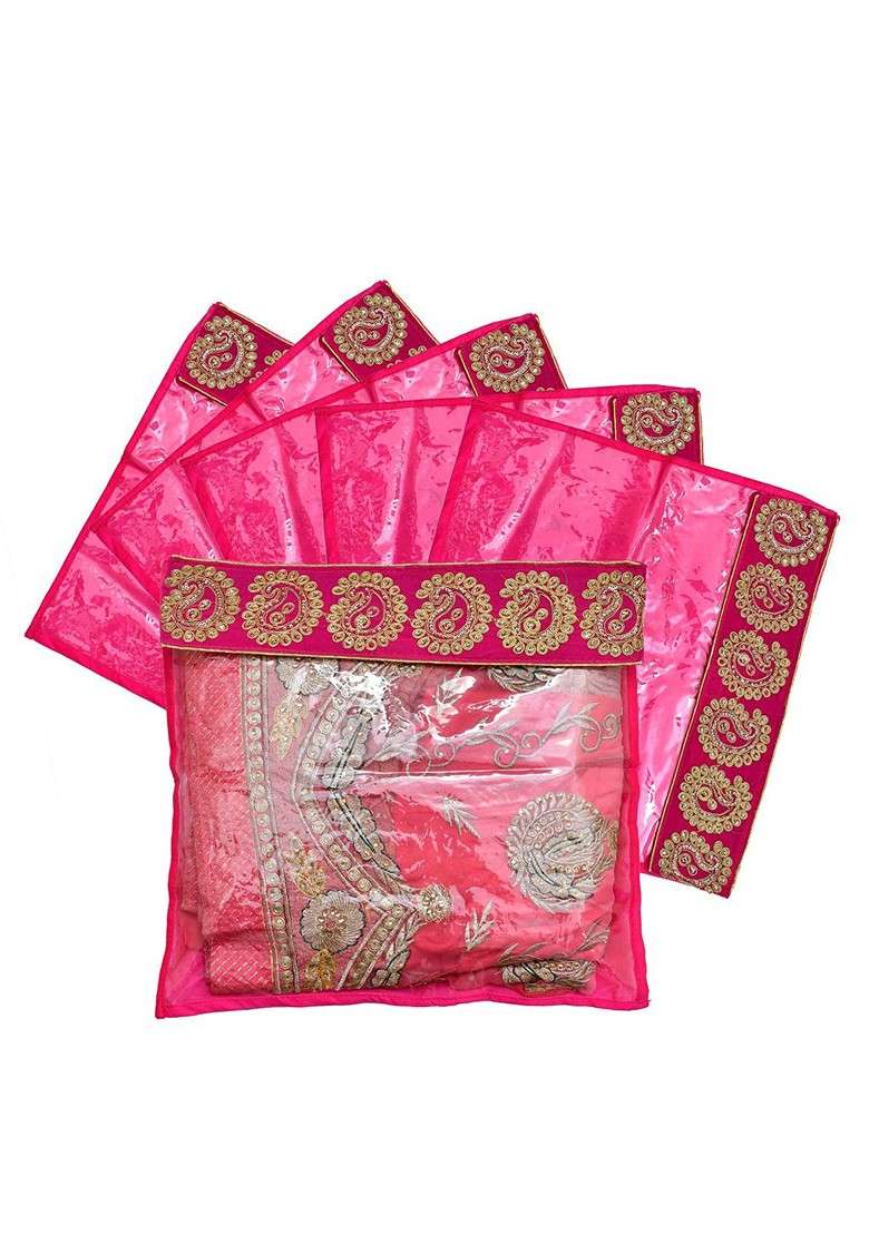Set Of 6 Pink And Transparent Embellished Zari Border Flip Single Packing Saree Cover Organizers - Indya