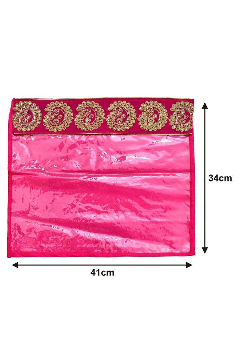 Set Of 6 Pink And Transparent Embellished Zari Border Flip Single Packing Saree Cover Organizers - Indya