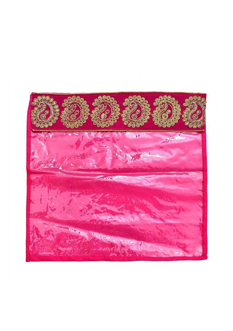 Set Of 6 Pink And Transparent Embellished Zari Border Flip Single Packing Saree Cover Organizers